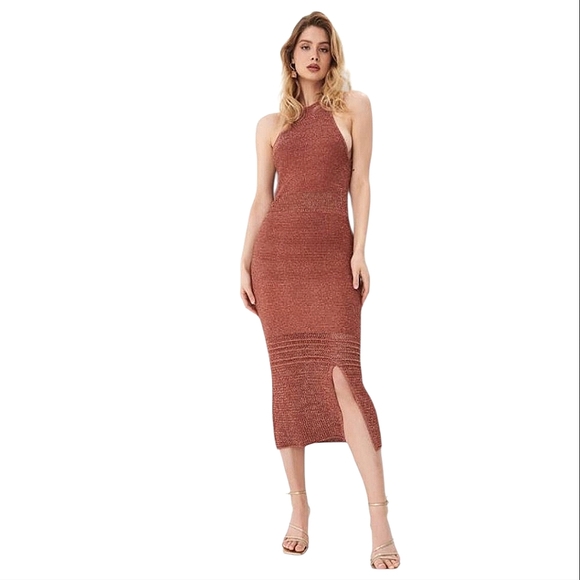 NWT Mohito Slinky Metallic Mesh Knit Midi Dress Copper Brown Sheer Sleeveless SM - Picture 1 of 11